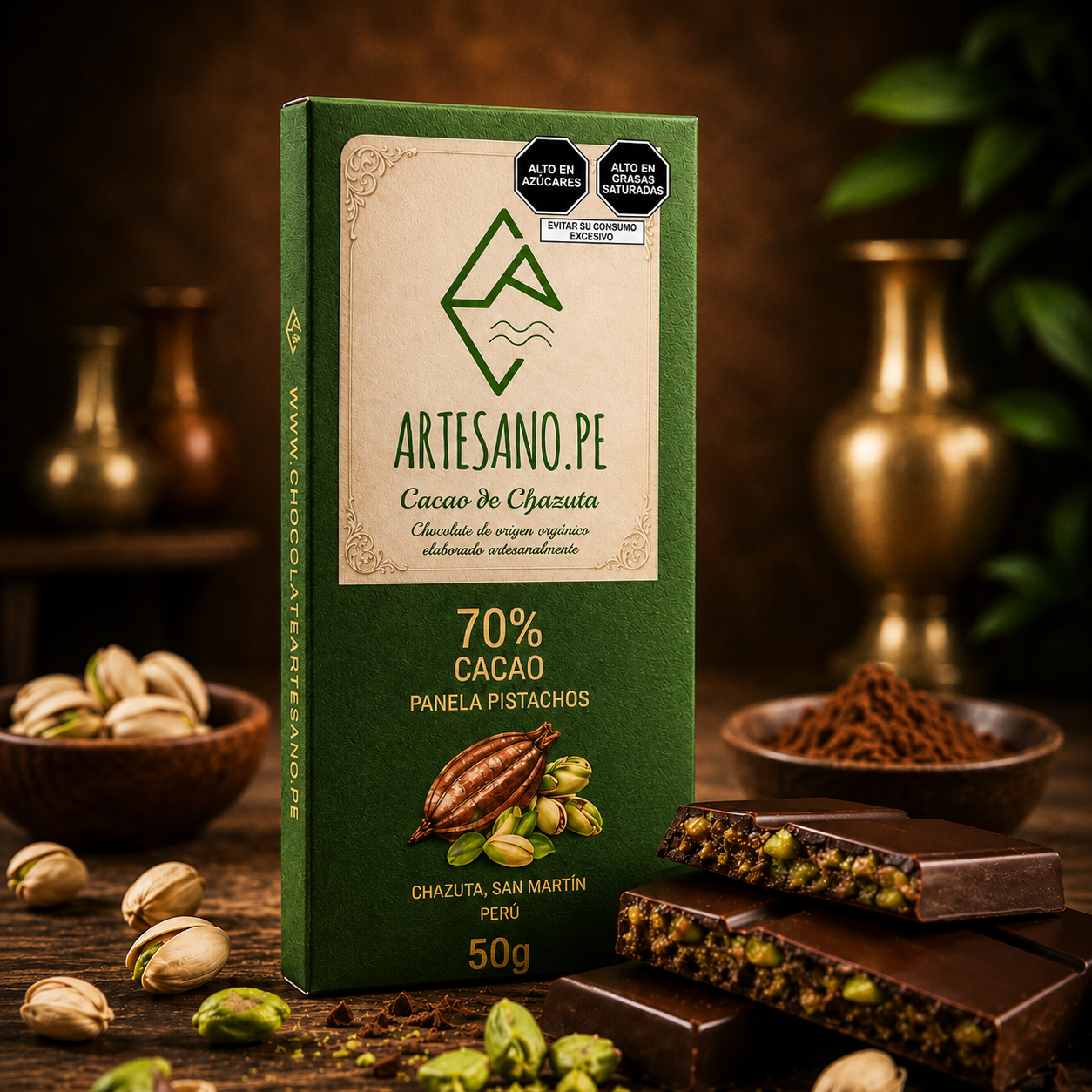 Barra de chocolate 70% de cacao y pistachos.