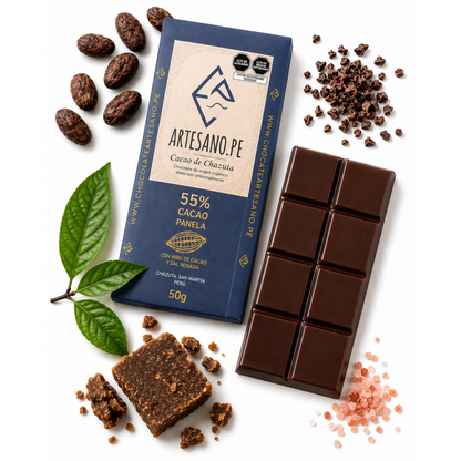 Barra de chocolate 55% cacao con panela y sal rosanda.