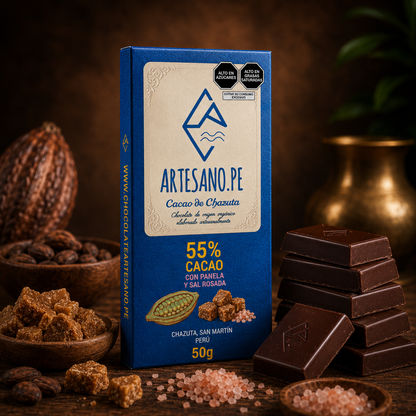 Barra de chocolate 55% cacao con panela y sal rosanda.