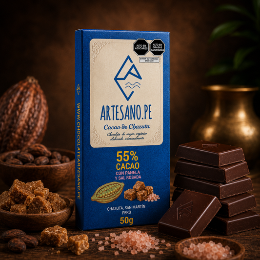 Barra de chocolate 55% cacao con panela y sal rosanda.