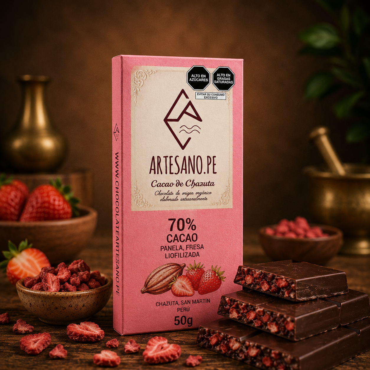 Barra de chocolate 70% de cacao y fresas deshidratadas.